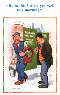 Images Dated 23rd March 2021: Comic postcard, Outside the builders merchants