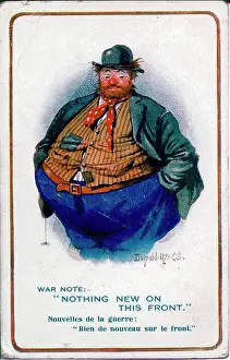 Comic postcard, Overweight lazy man doing nothing for the war effort. Date: 1914-1918