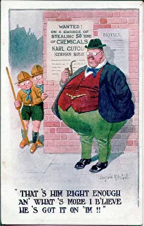 Stealing Prints: Comic postcard, Overweight man and two scouts. Date: 1914-1918