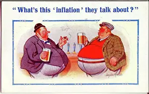 Inflation Prints: Comic postcard, Overweight men in pub discuss inflation Date: 20th century