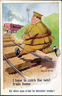Sweating Prints: Comic postcard, Overweight soldier chasing a train. Date: 1914-1918