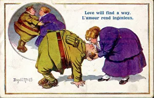 Languages Prints: Comic postcard, Overweight soldier and woman, trying to kiss. Date: 1914-1918