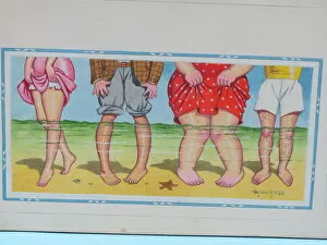 Comic postcard, Four pairs of legs paddling in the sea