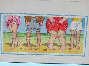 Hairy Prints: Comic postcard, Four pairs of legs paddling in the sea