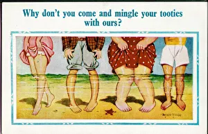 Comic postcard, Four pairs of legs paddling in the sea
