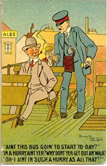 Comic postcard, Passenger on top deck of bus talks to conductor Date: 20th century Comic postcard, Passenger on top deck of bus talks to conductor Date: 20th century
