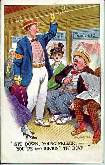 Scheme Prints: Comic postcard, passengers on an underground train - the man standing is wearing a Derby Scheme armband
