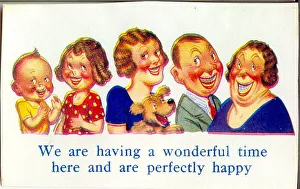 Comic postcard, Five people and a dog enjoying their holiday Date: 20th century Comic postcard, Five people and a dog enjoying their holiday Date: 20th century