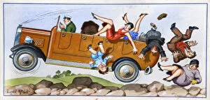 Comic postcard, People falling out of car on bumpy ride