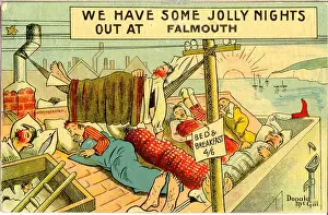 Overcrowded Prints: Comic postcard, People sleeping on the roof at Falmouth Date: 20th century