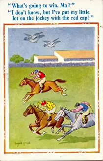 Dropping Prints: Comic postcard, Pigeons flying above racehorses Date: 20th century