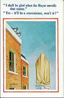 Convenience Prints: Comic postcard, Two pigeons wait for statue unveiling Date: 20th century