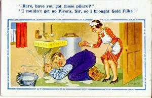 Comic postcard, Plumber and maid in kitchen Date: 20th century