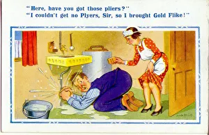 Comic postcard, Plumber and maid in kitchen Date: 20th century Comic postcard, Plumber and maid in kitchen Date: 20th century