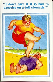 Stomach Gallery: Comic postcard, Plump couple on the beach