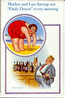 Stomach Gallery: Comic postcard, Plump couple, Daily Dozen on holiday Date: 20th century