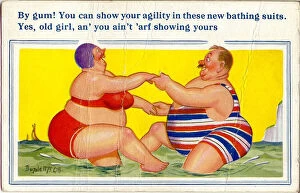 Agility Gallery: Comic postcard, Plump couple dancing in the sea Date: 20th century