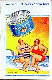 Beans Prints: Comic postcard, Plump couple dancing at the seaside - full of beans! Date: 20th century