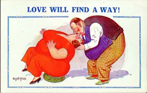Backwards Prints: Comic postcard, Plump couple kissing