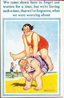 Forget Prints: Comic postcard, Plump couple leapfrogging on the beach