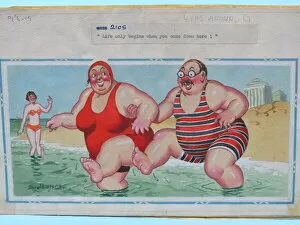 Images Dated 14th August 2015: Comic postcard, Plump couple paddling in the sea