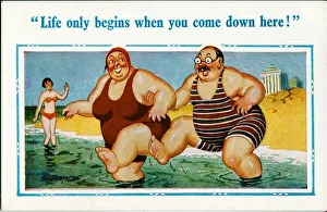 Comic postcard, Plump couple paddling in the sea
