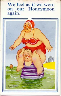 Comic postcard, Plump couple in the sea Date: 20th century