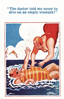 Comic postcard, Plump couple in the sea - don t dive on an empty stomach