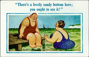 Obese Gallery: Comic postcard, Plump couple at the seaside - sandy bottom Date: 20th century