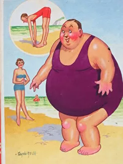 Images Dated 26th August 2015: Comic postcard, Plump man on the beach. When I came down here I could touch my toes