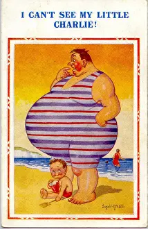 Hiding Prints: Comic postcard - plump man on the beach - I Can t See My Little Charlie Date