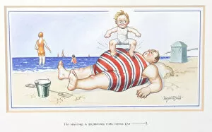 Bumping Gallery: Comic postcard, Plump man and boy on the beach
