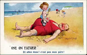 Languages Prints: Comic postcard, Plump man and child on the beach Date: 20th century