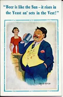 Stomach Gallery: Comic postcard, Plump man drinking in pub Date: 20th century