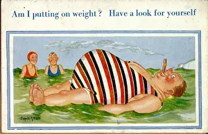 Comic postcard, Plump man floating on the sea Date: 20th century