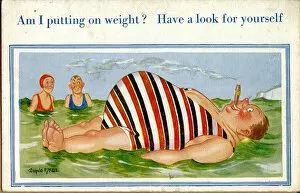 Stomach Gallery: Comic postcard, Plump man floating on the sea Date: 20th century