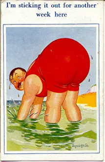 Comic postcard, Plump man paddling in the sea Date: 20th century Comic postcard, Plump man paddling in the sea Date: 20th century