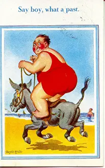 Comic postcard, Plump man riding donkey on beach Date: 20th century