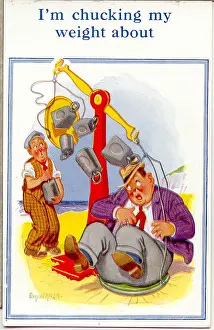 Weights Prints: Comic postcard, Plump man weighing himself on scales on the beach Date: 20th century