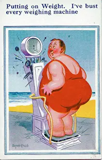 Putting Prints: Comic postcard, Plump man weighing himself at the seaside Date: 20th century