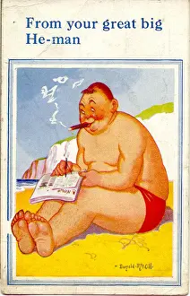 Comic postcard, Plump man writing a postcard on the beach and smoking a cigar Date