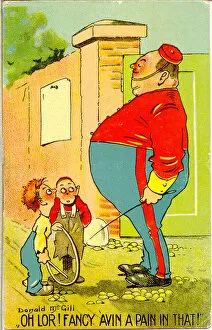 Pain Collection: Comic postcard, Plump soldier and two boys Date: 20th century