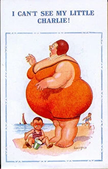 Stomach Gallery: Comic postcard - plump woman on beach - I Can t See My Little Charlie Date