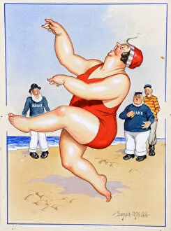 Comic postcard, Plump woman dancing on the beach, watched by three sailors Date