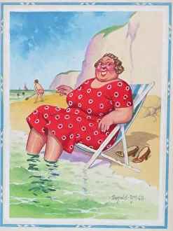 Comic postcard, Plump woman in a deckchair. Come down here and soak your corns with mine