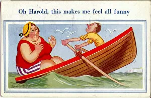Comic postcard, Plump woman and thin man in a rowing boat Date: 20th century