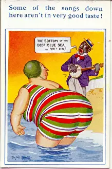 Bending Prints: Comic postcard, Plump woman and minstrel at the seaside Date: 20th century