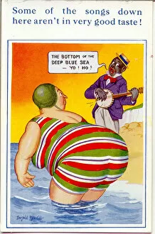 Minstrel Collection: Comic postcard, Plump woman and minstrel at the seaside Date: 20th century