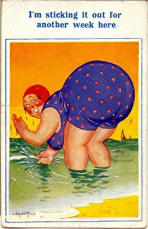 Bending Prints: Comic postcard, Plump woman paddling in the sea