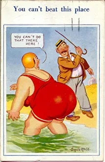 Comic postcard, Plump woman paddling in the sea